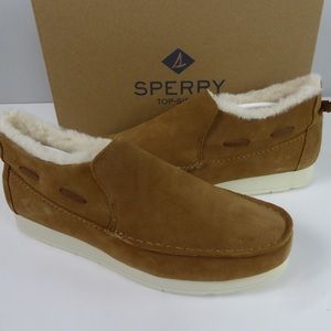 Sperry Moc-Sider Water Resistant Suede Leather Slip Ons w Faux Fur & Fleece NIB